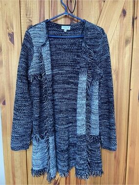 Studio B Two-Tone Black & Gray Open-Front Fringe Cardigan size medium